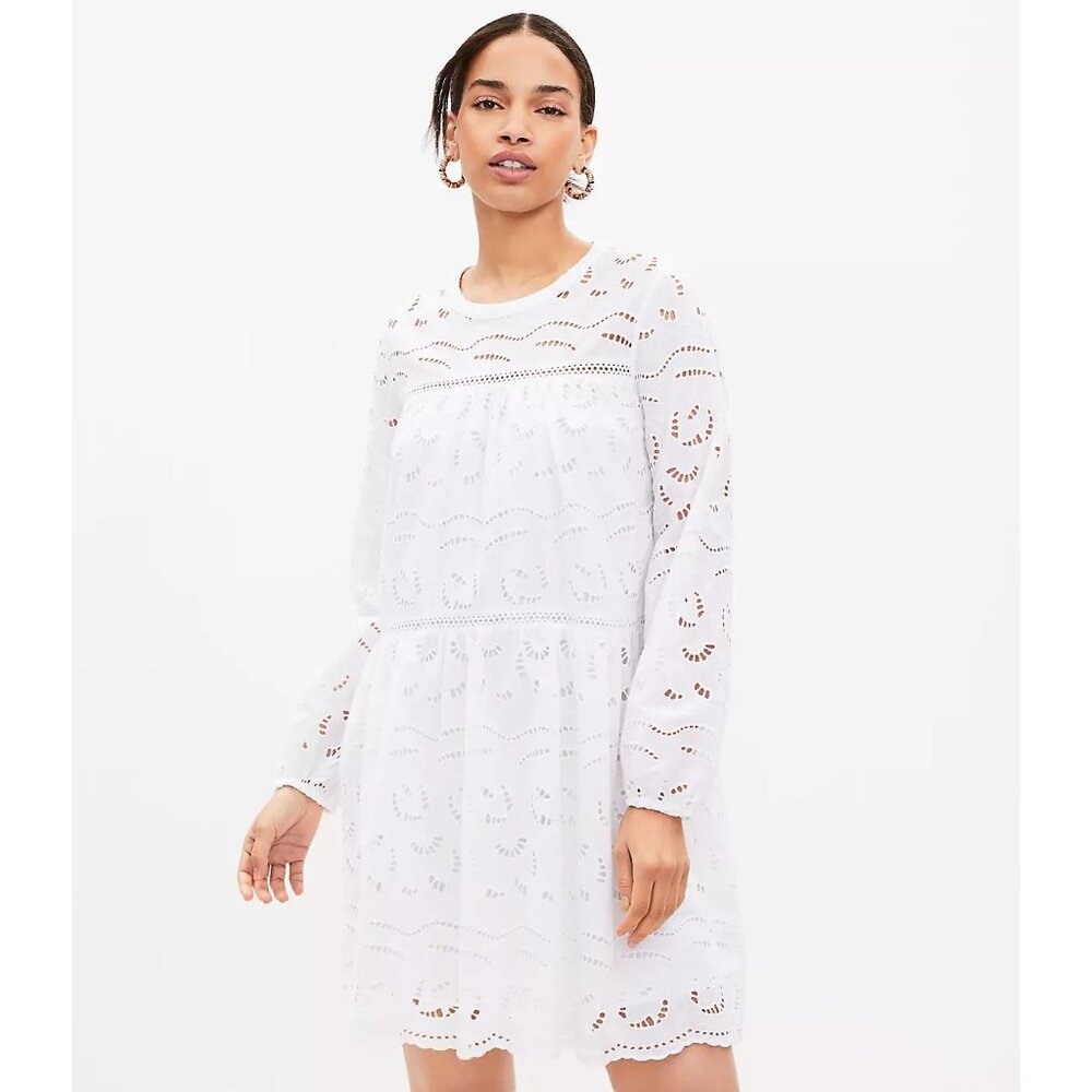 Ann Taylor LOFT Petite Eyelet Long Sleeve Swing Dress SP - Picture 1 of 3